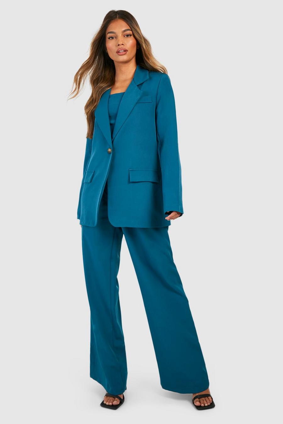 Teal Fold Over Waistband Relaxed Fit Tailored Pants
