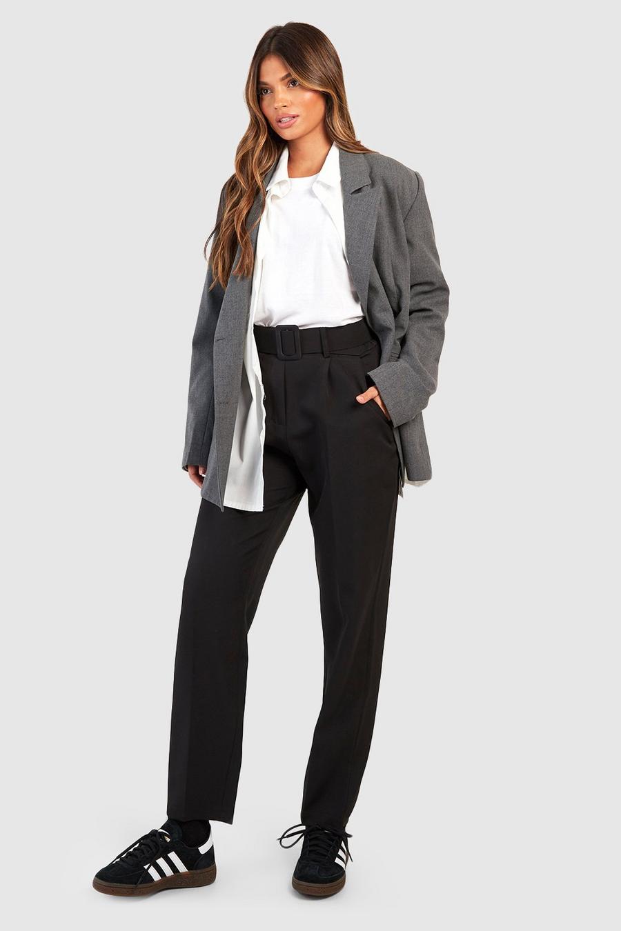 Black Self Fabric Belted Slim Fit Trousers