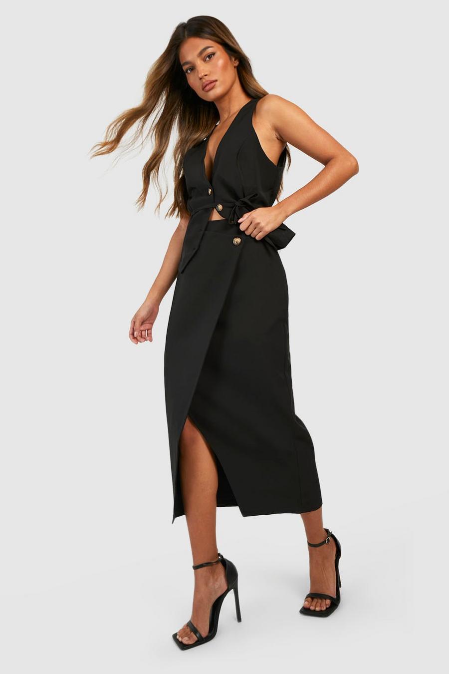 Black Wrap Front Tailored Midaxi Skirt