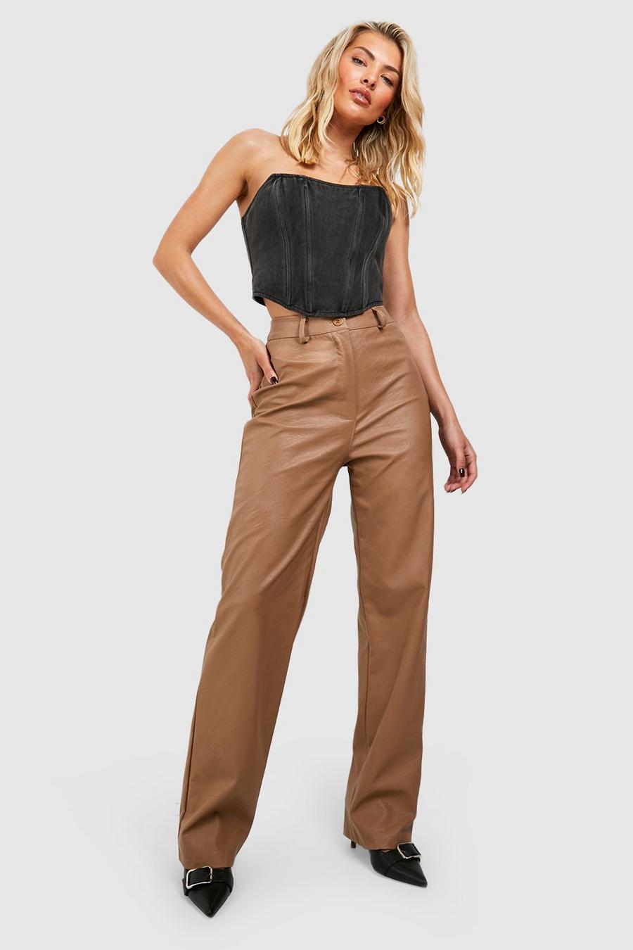 Tan Wide Leg Leather Look Trousers