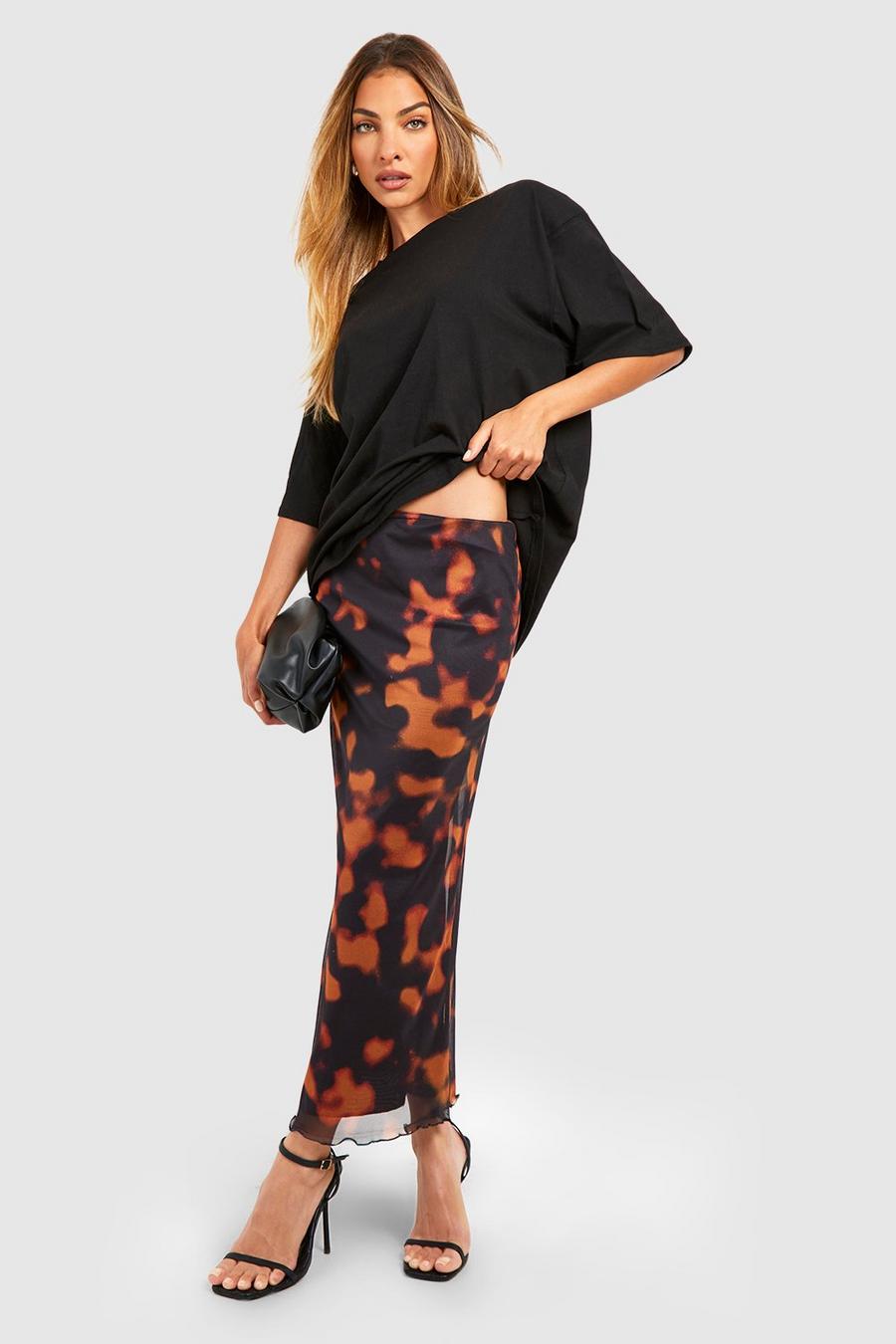Tan Animal Printed Mesh Midi Skirt image number 1