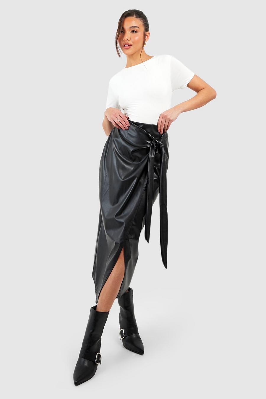 Black Faux Leather Wrap Midi Skirt