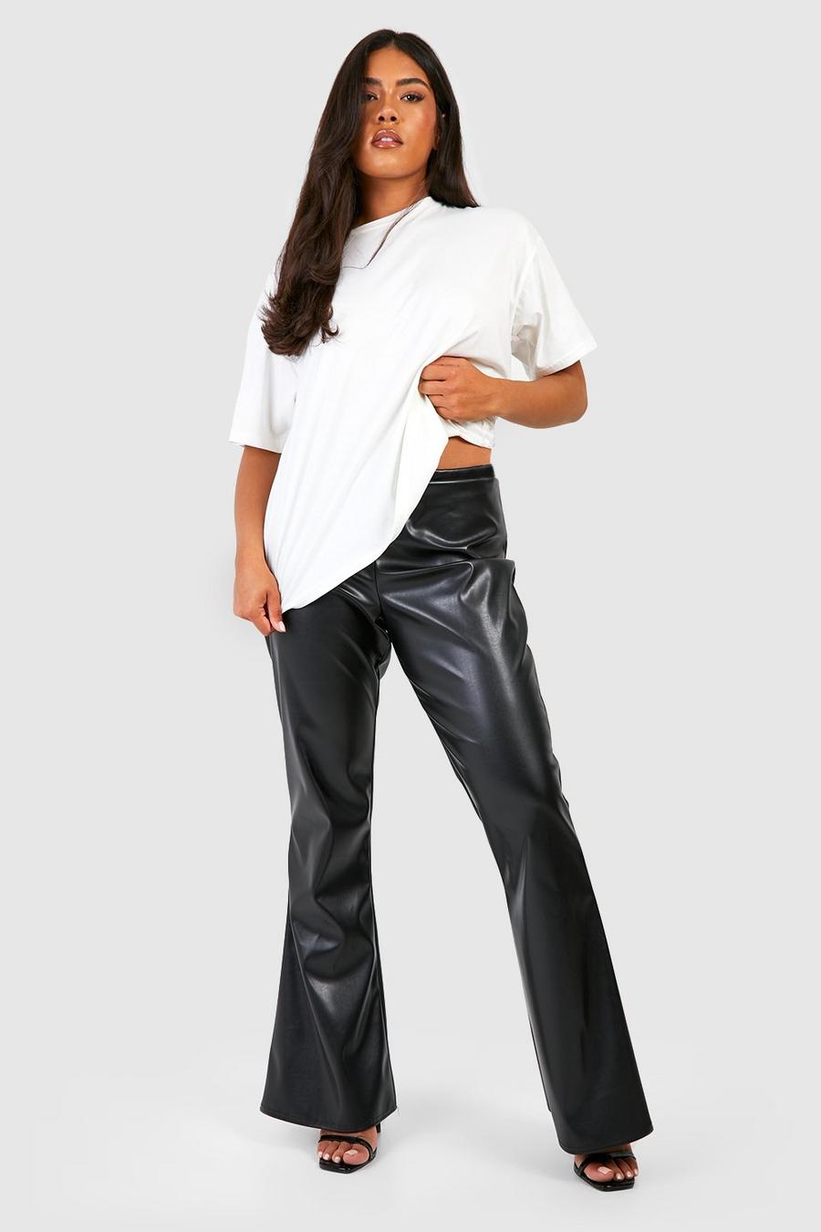Black Plus Matte Pu High Waisted Flared Trousers