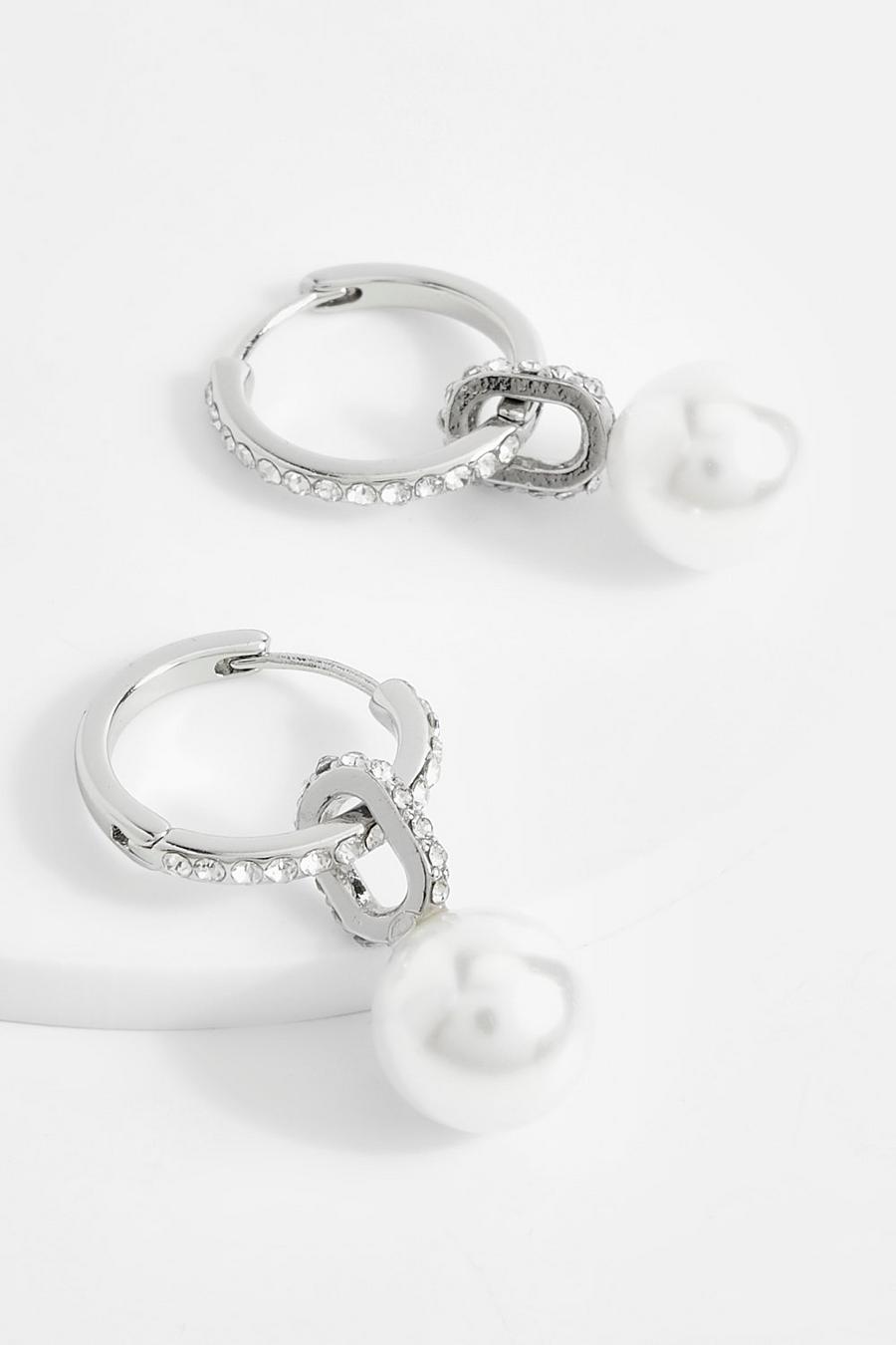 Silver Pearl Drop Diamante Hoop Earrings 