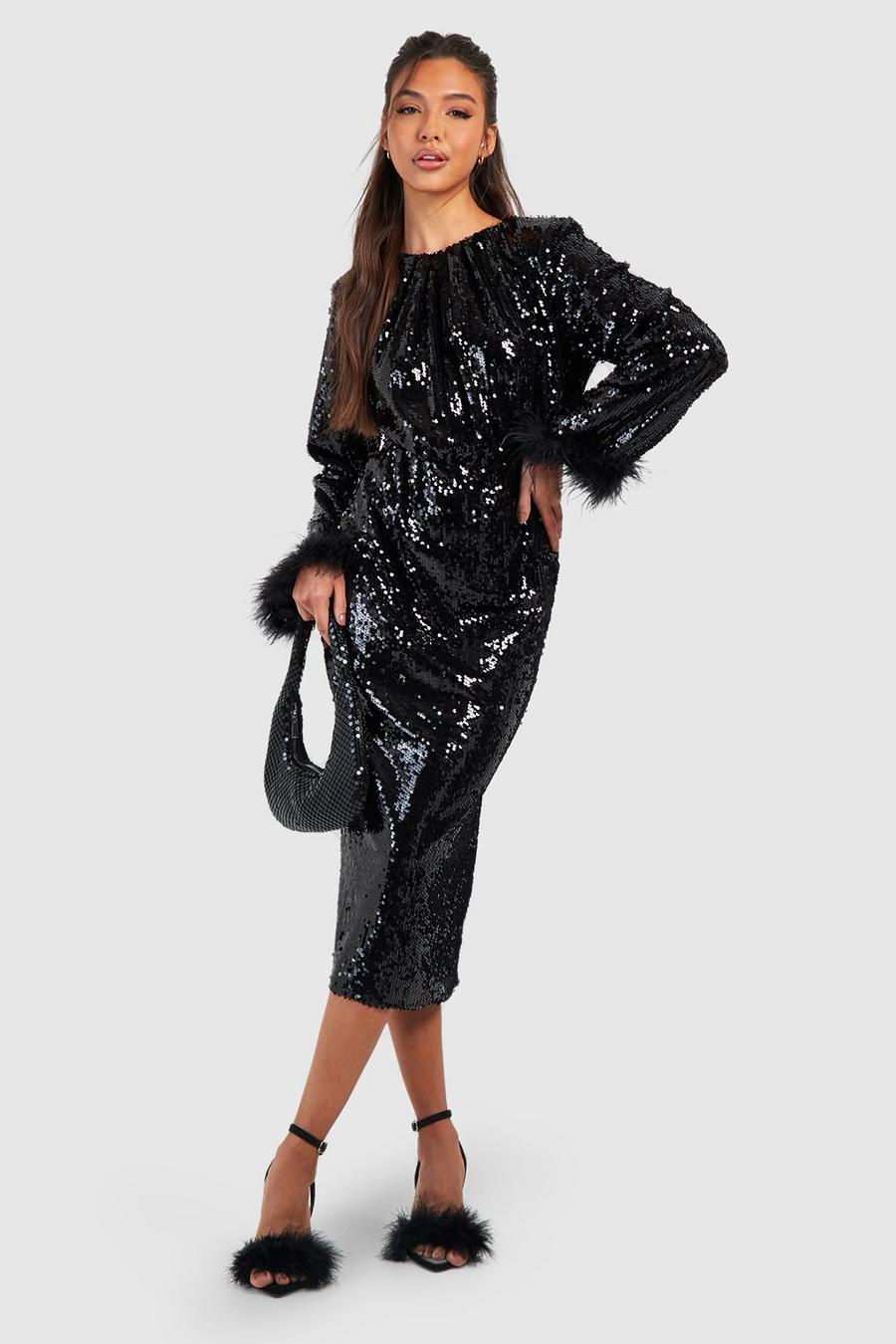 Black Feather Cuff Sequin Midi Dress