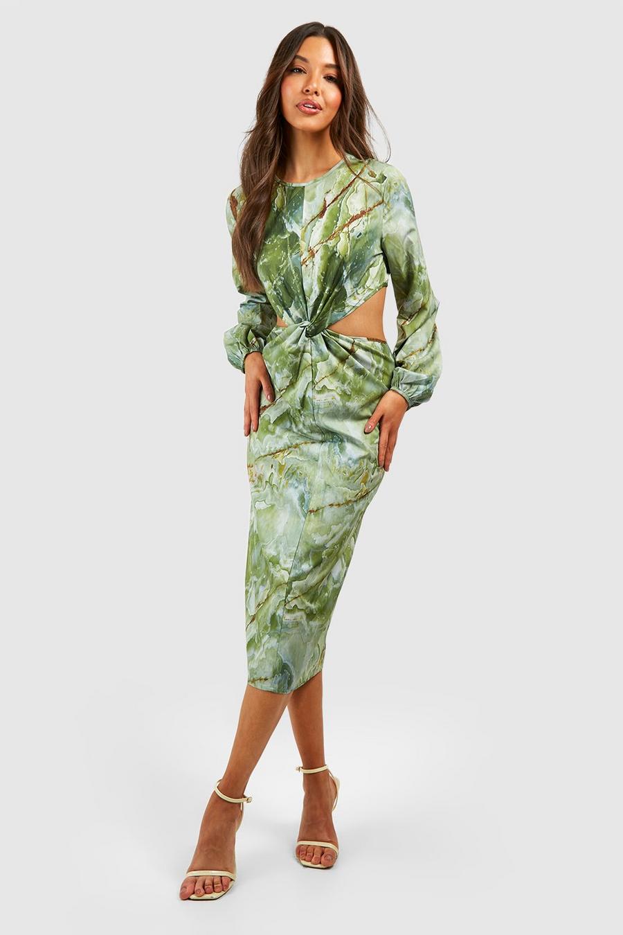 Olive Marmerprint Midi Jurk Met Uitsnijding