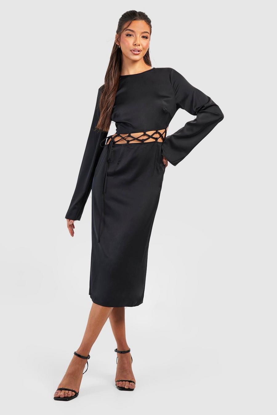 Black Satin Lace Up Midi Dress image number 1