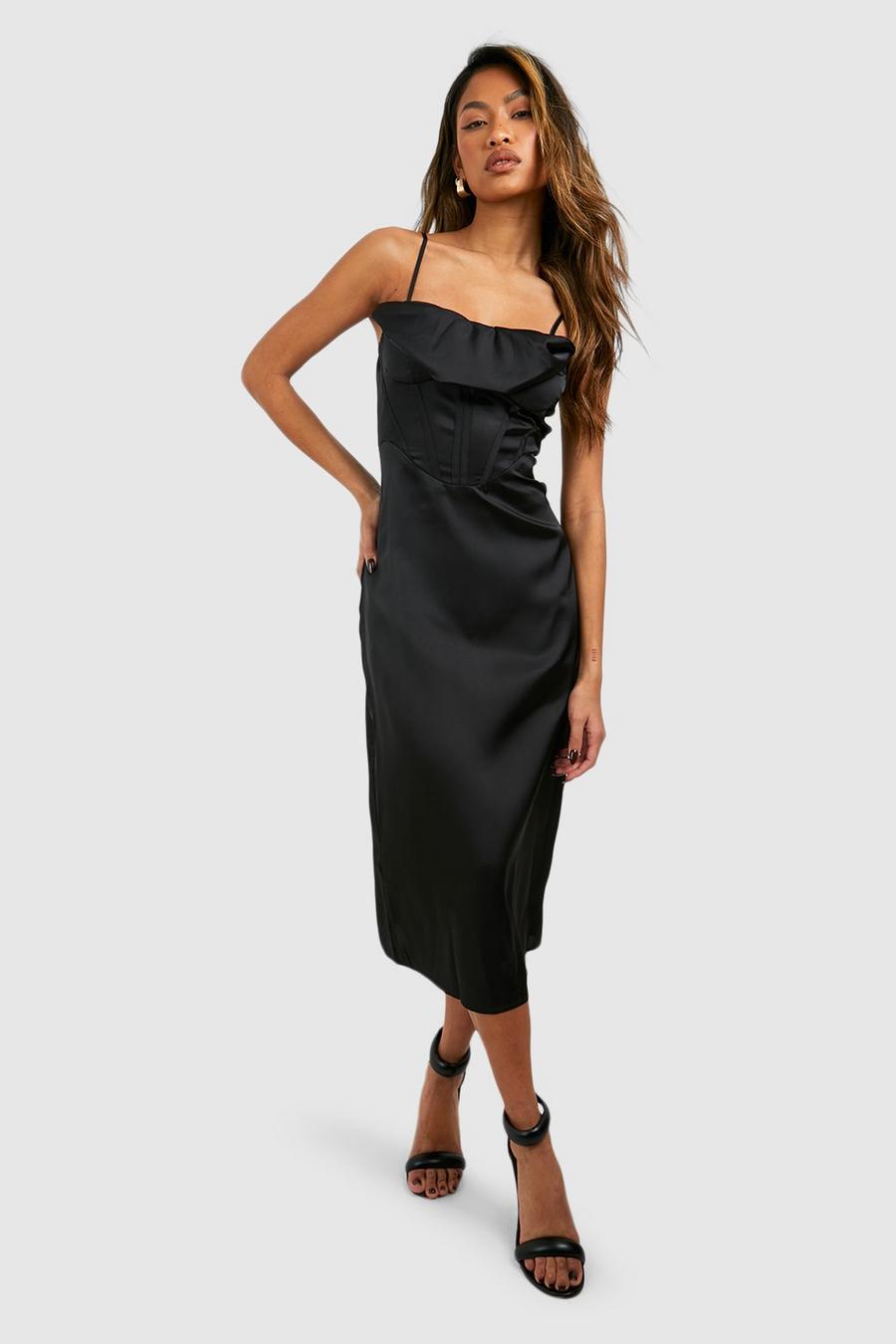 Black Satin Corset Detail Midi Dress image number 1
