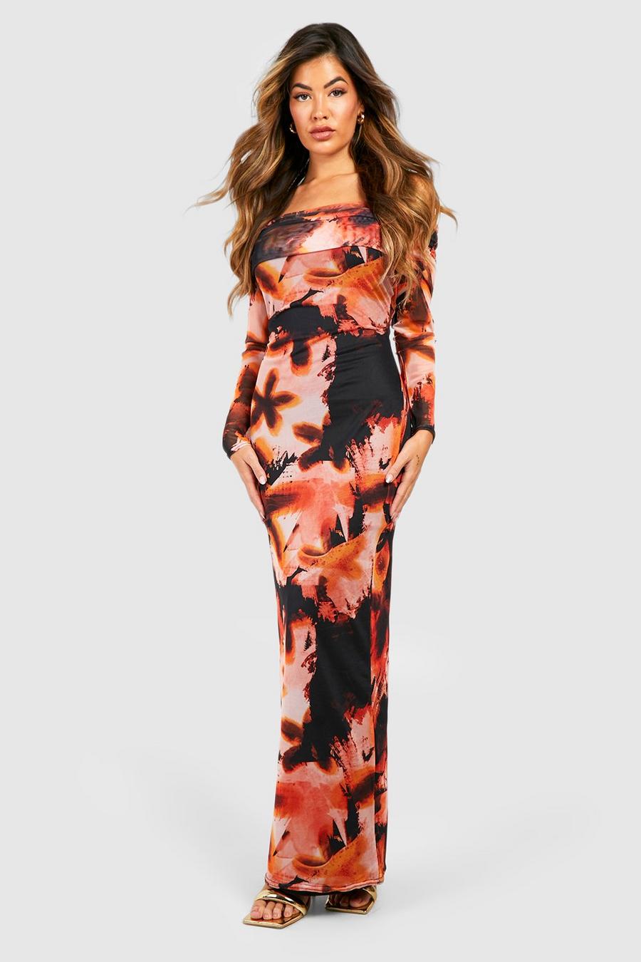 Vestido maxi de malla abstracto con escote bardot, Terracotta