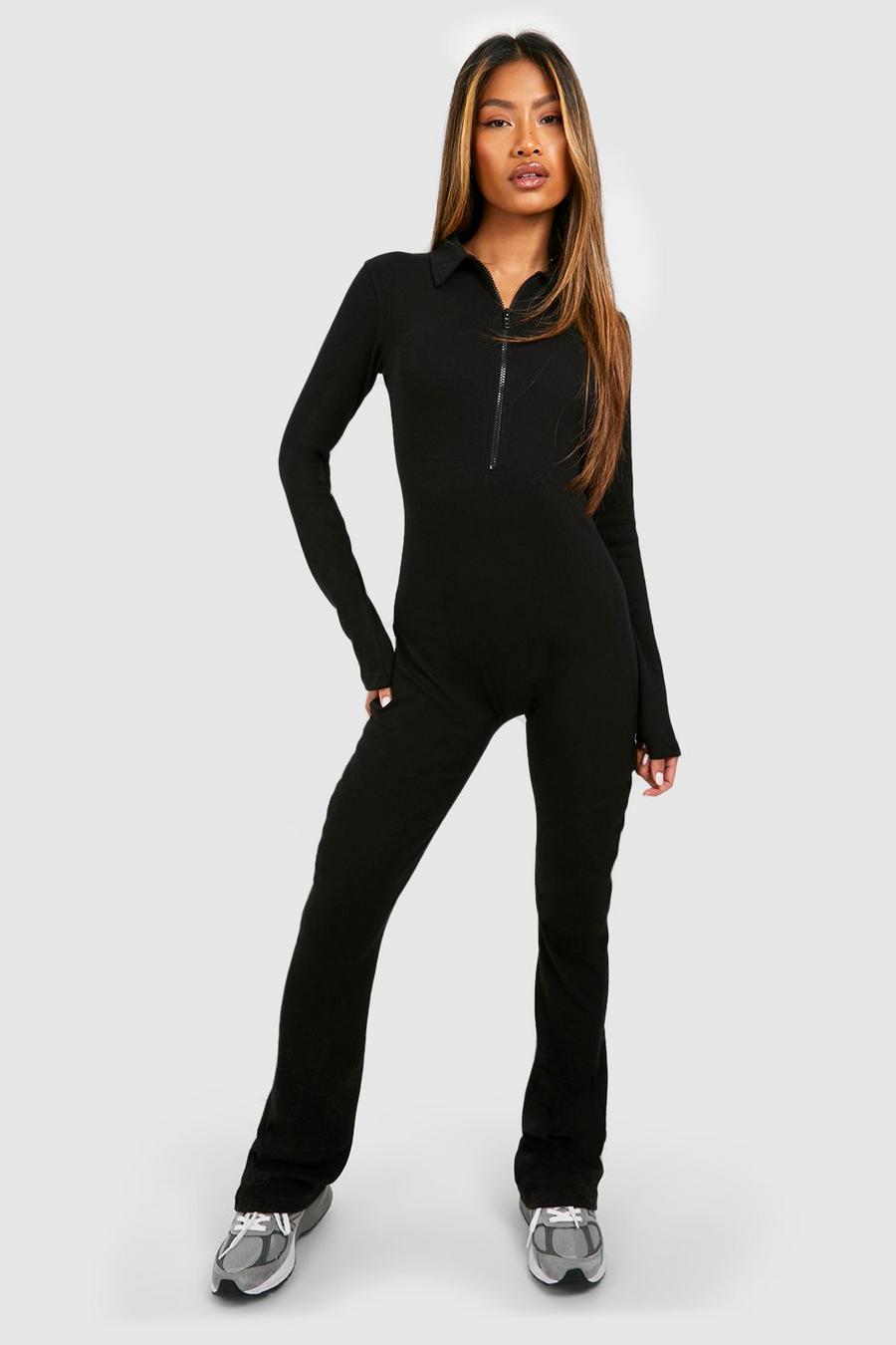 Black Ribbad jumpsuit med dragkedja och utsvängda ben