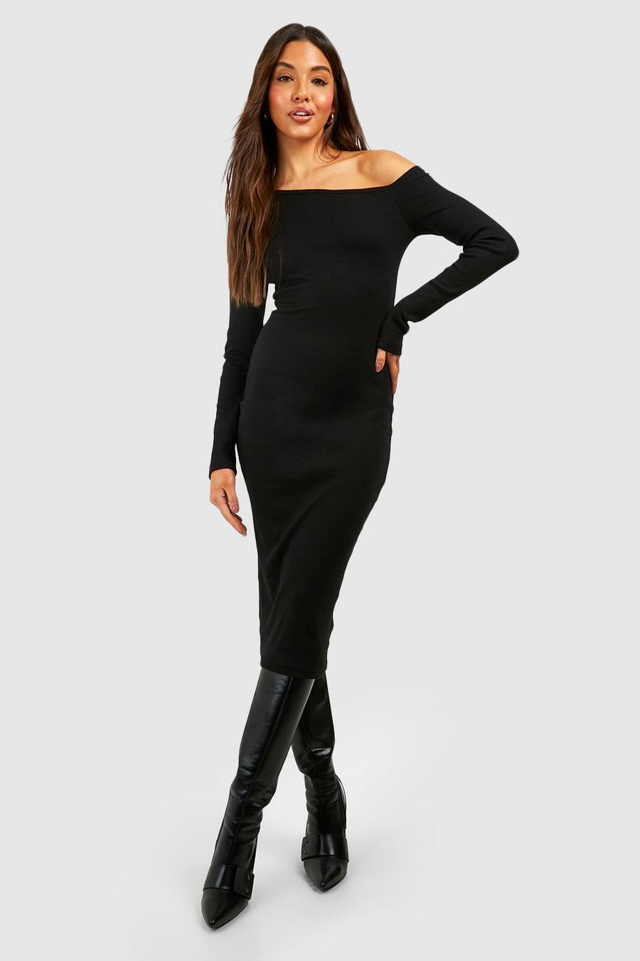 Black Assymetric Rib Long Sleeve Midi Dress