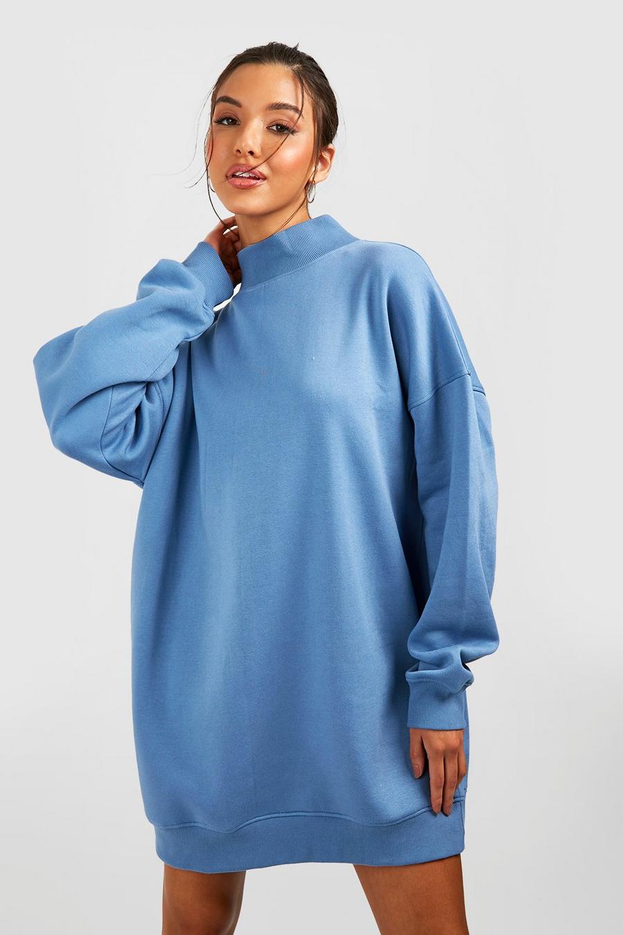 Denim-blue Oversize sweatshirtklänning med hög krage