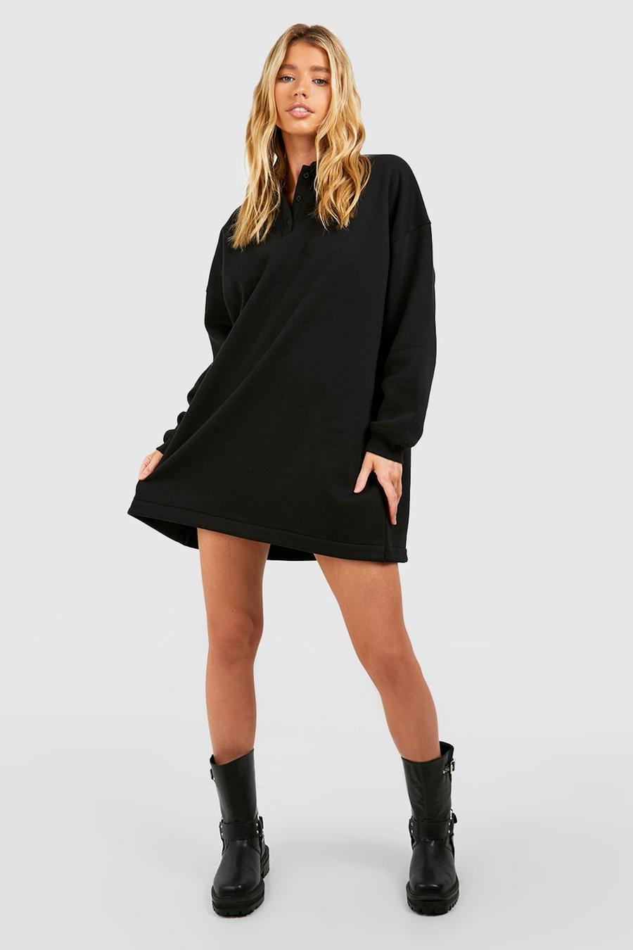 Black Sweatshirt Jurk Met Rugby Kraag