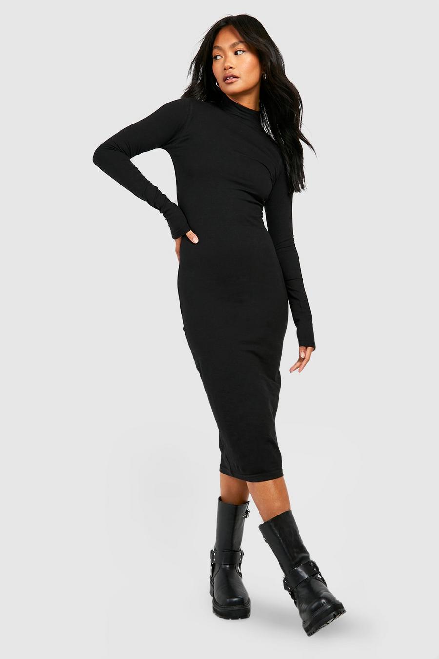 Black Turtleneck Cotton Midi Dress