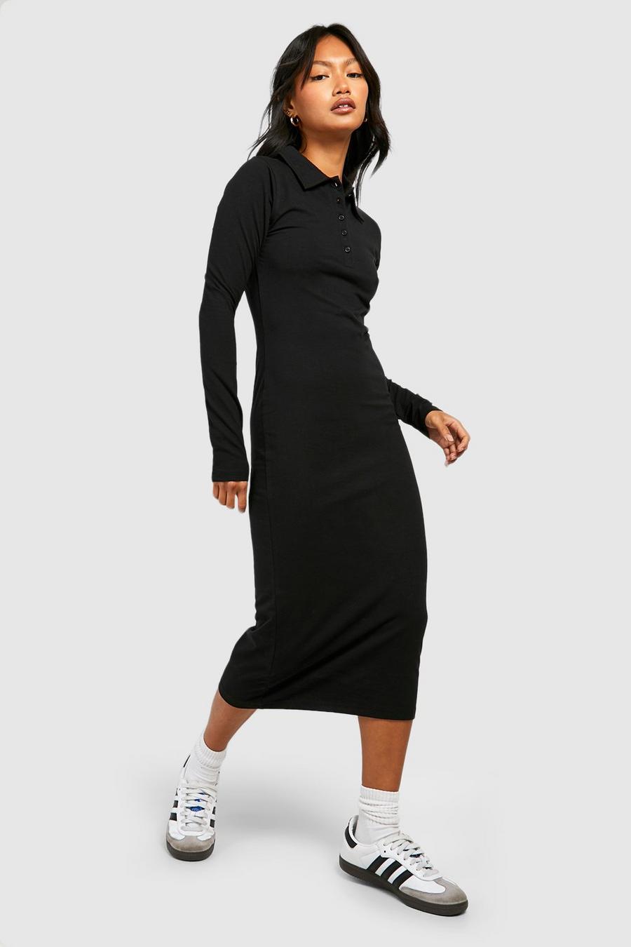 Black Collar Detail Cotton Midi Dress