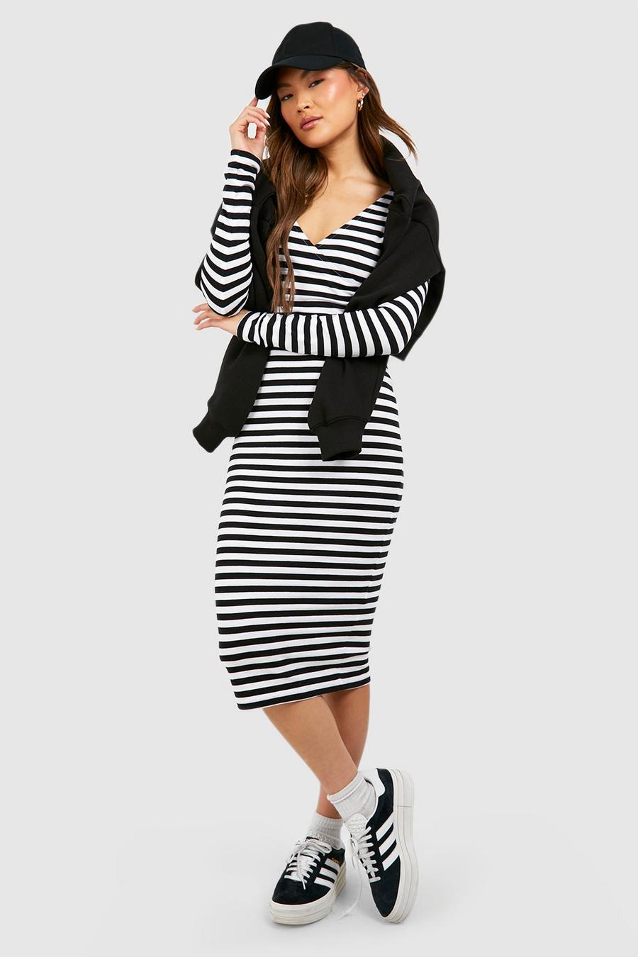 Black Stripe Cotton Midi Dress