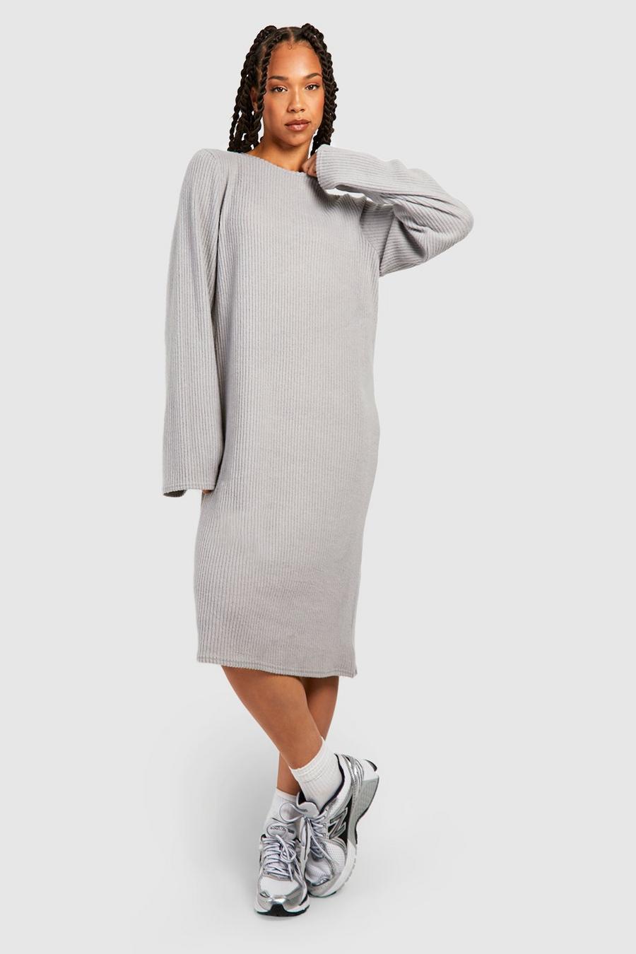 Grey marl Tall Soft Knitted Rib Funnel Longsleeve Column Midi Dress