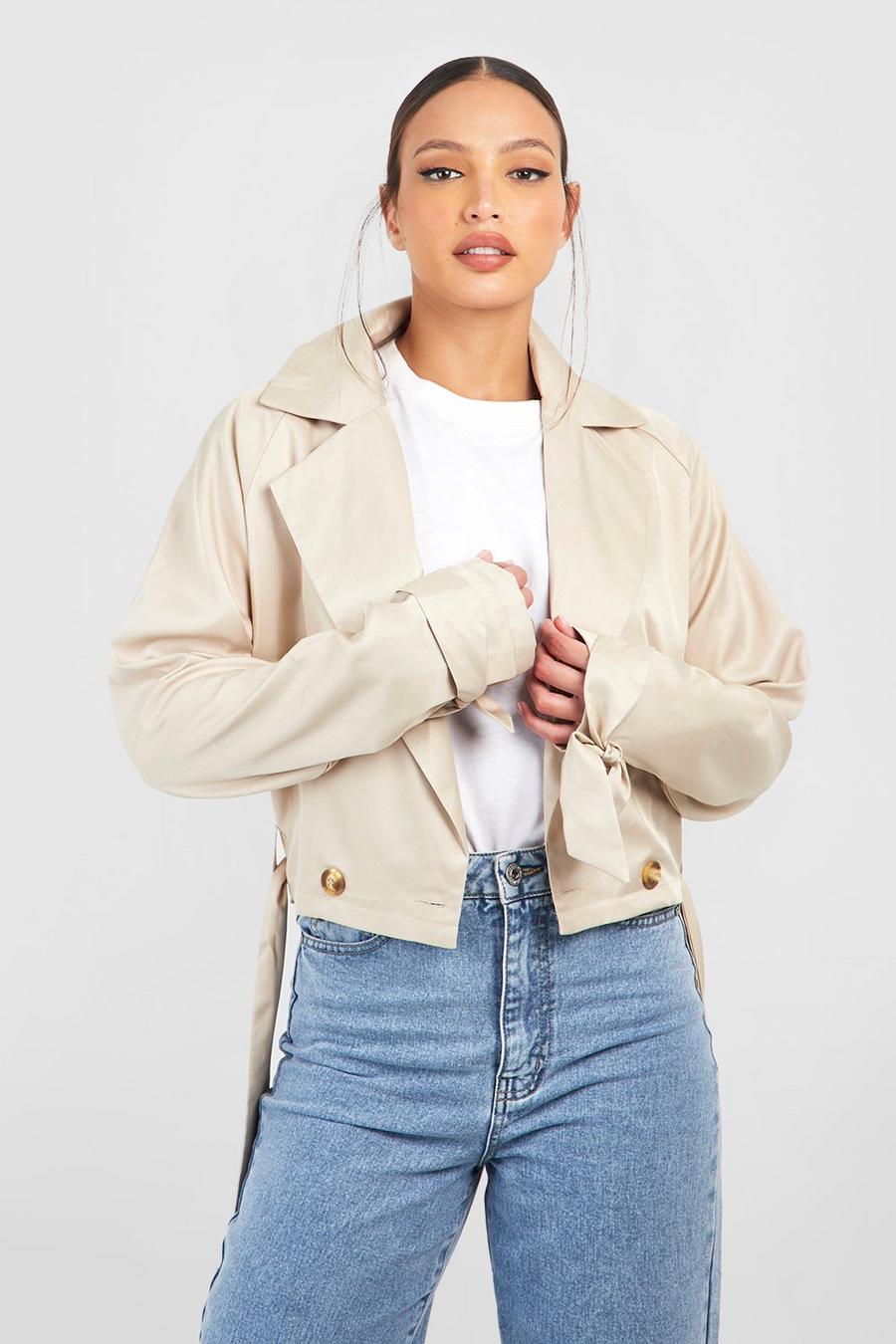 Stone Tall Crop Belted Biker Trench Coat