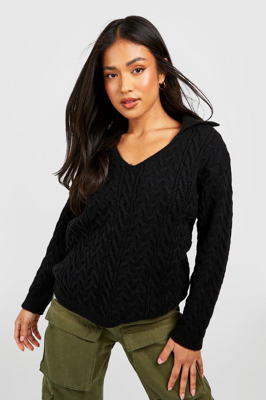 Black Petite Cable Knit Collar Detail Sweater