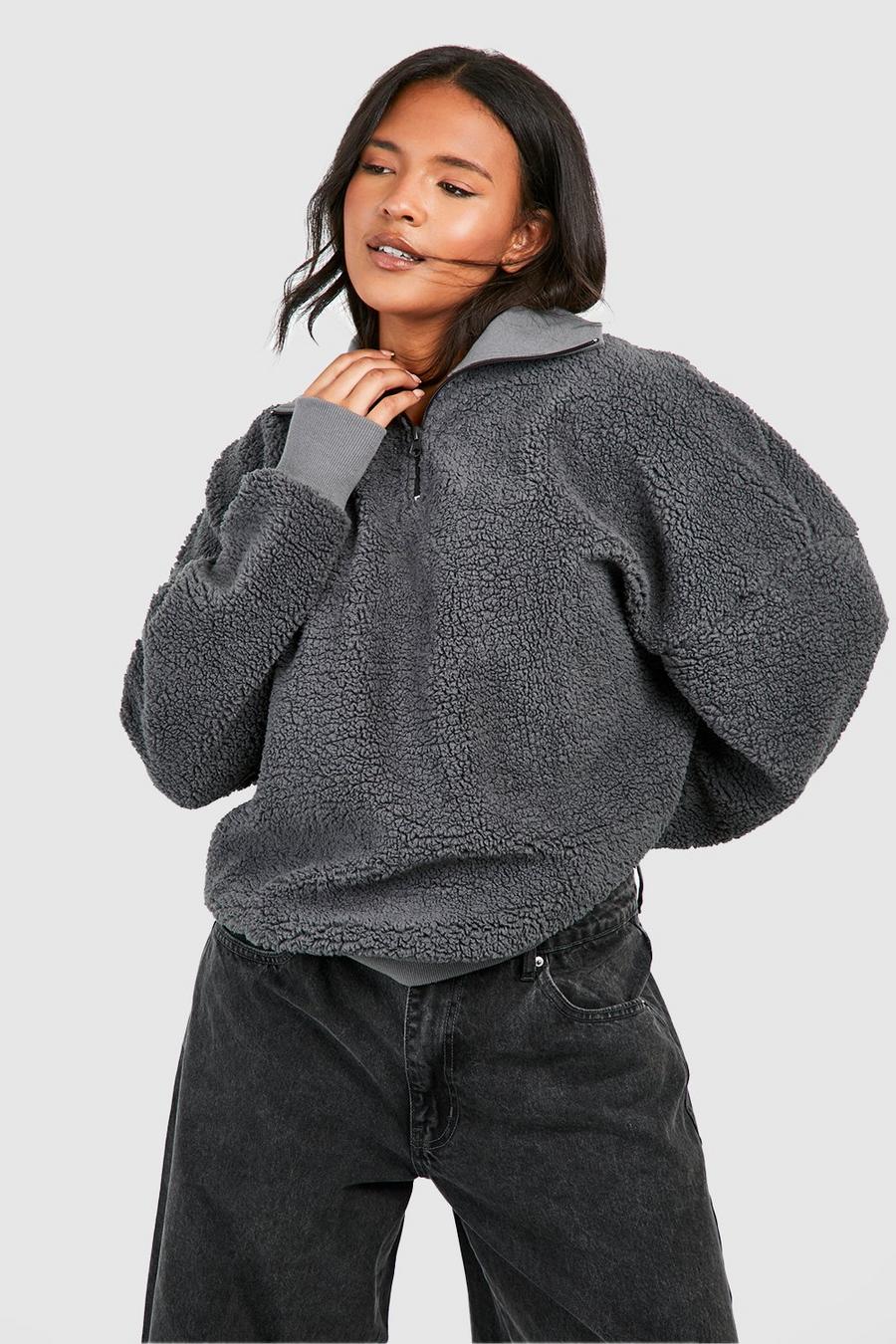 Plus Oversize Borg-Sweatshirt mit halbem Reißverschluss, Charcoal