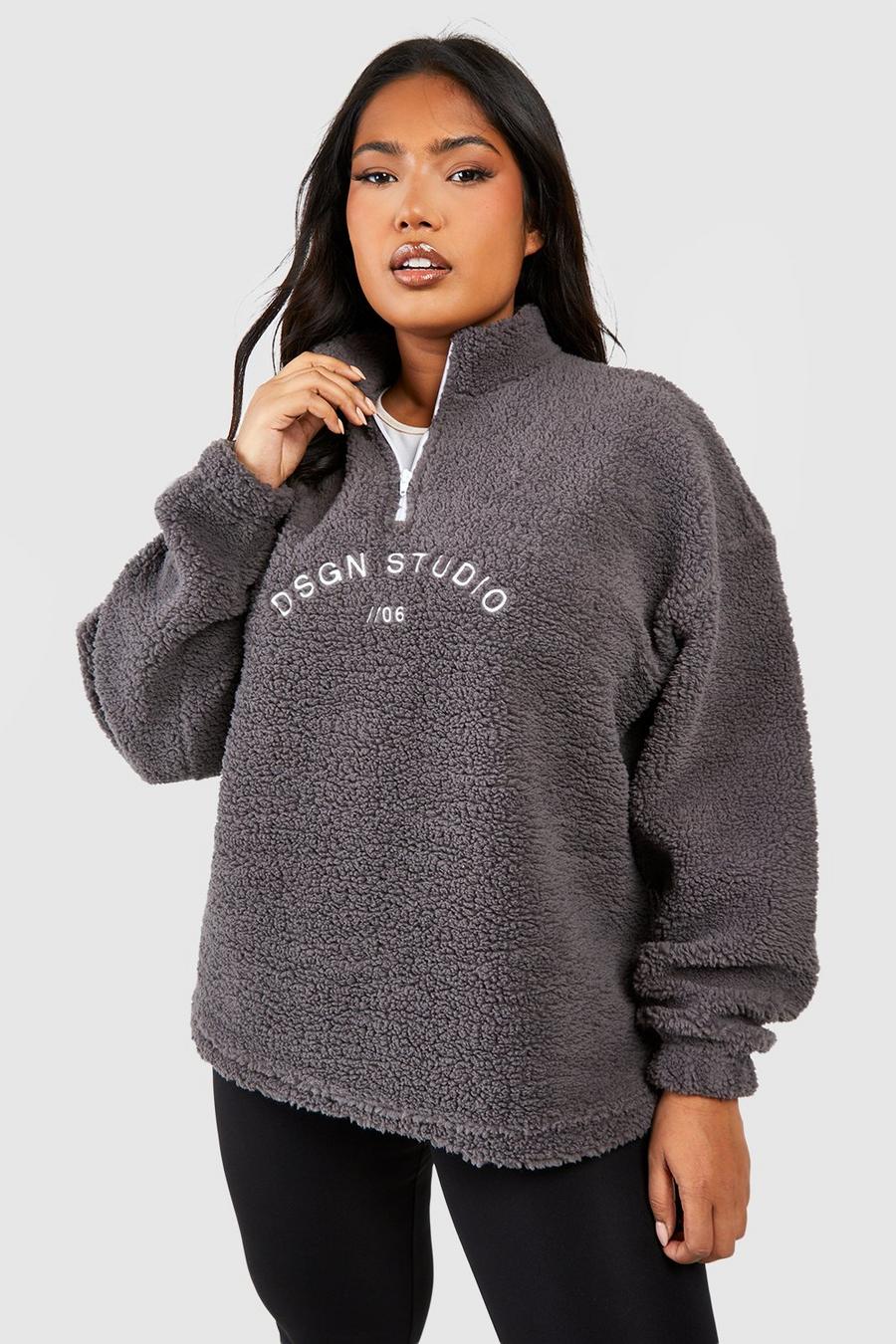 Charcoal Plus Premium Borg Embroidered Half Zip Sweater