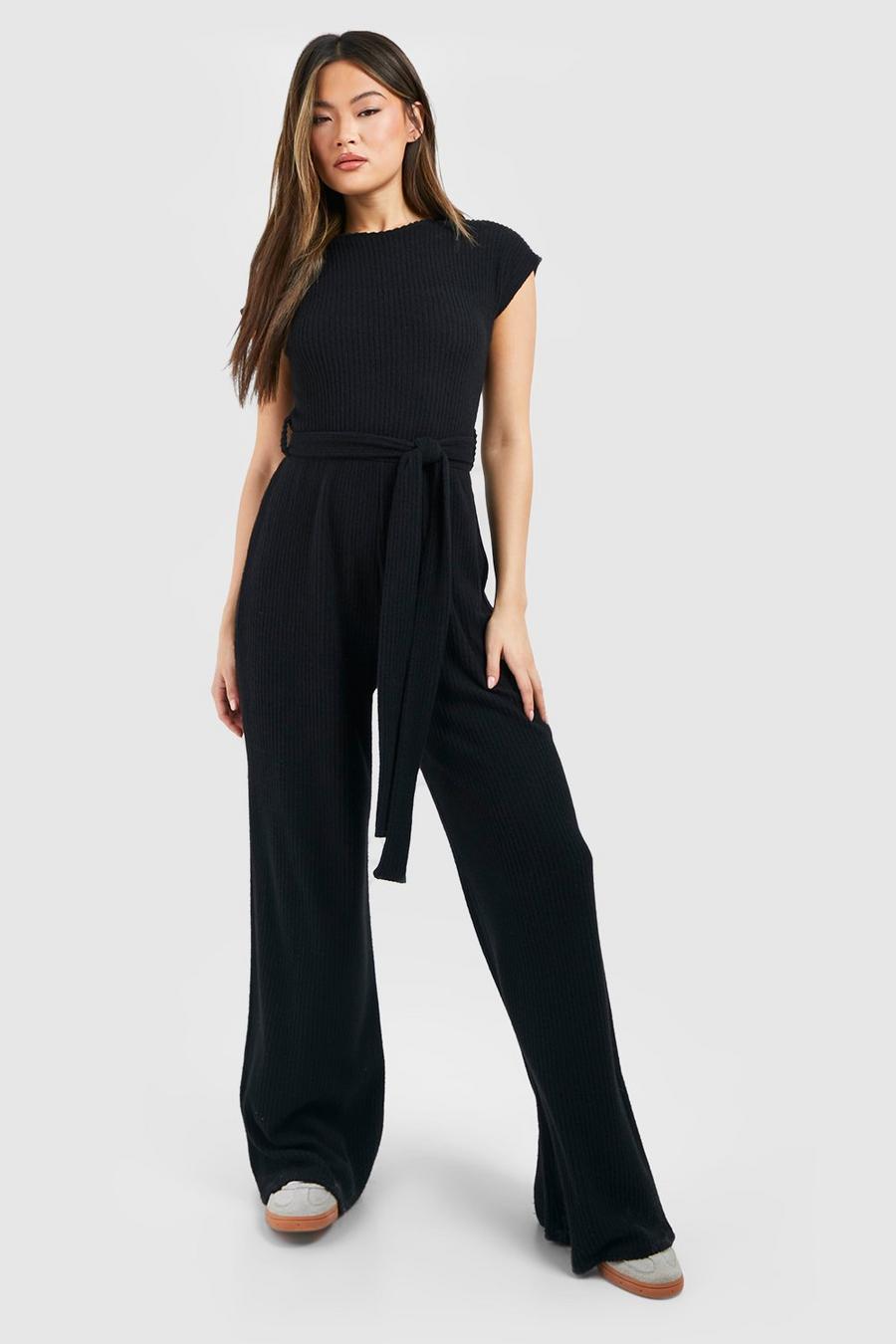Black Slouchy Belted Soft Brushed Rib Jumpsuit