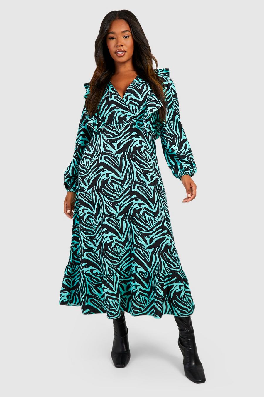 Green Plus Animal Print Ruffle Midi Smock Dress