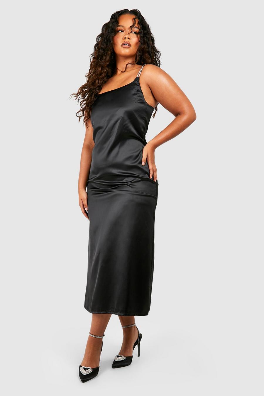 Vestito longuette Plus Size in raso con spalline e strass, Black