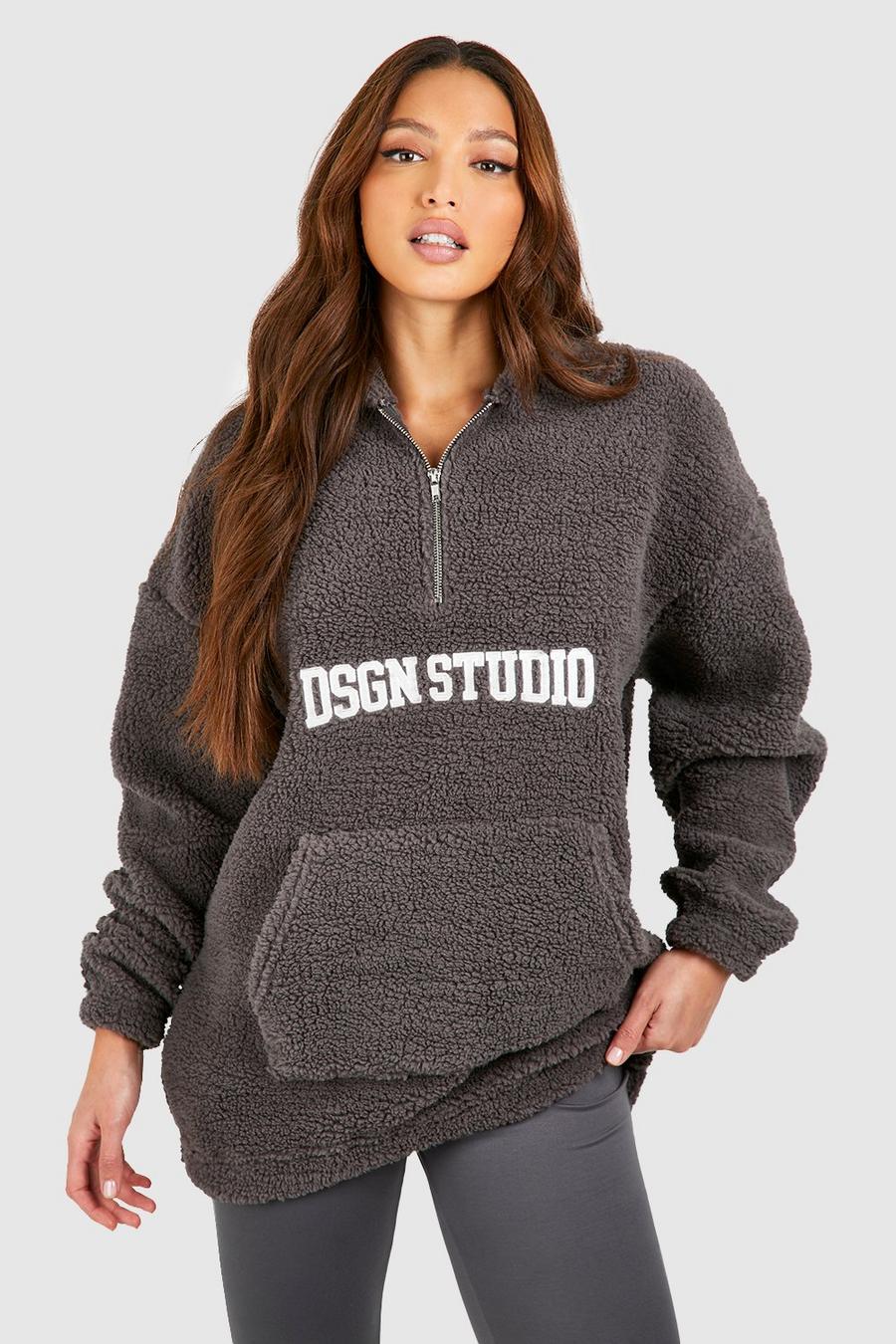 Grey Tall Dsgn Studio Premium Borg Embroidered Oversized Hoodie image number 1