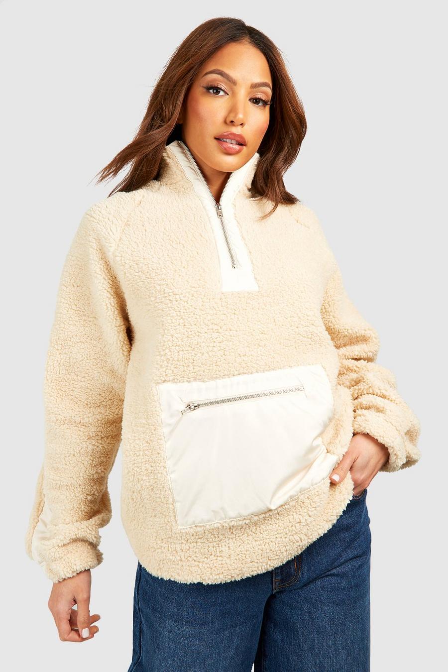 Stone Tall Premium Borg Nylon Half Zip Sweater