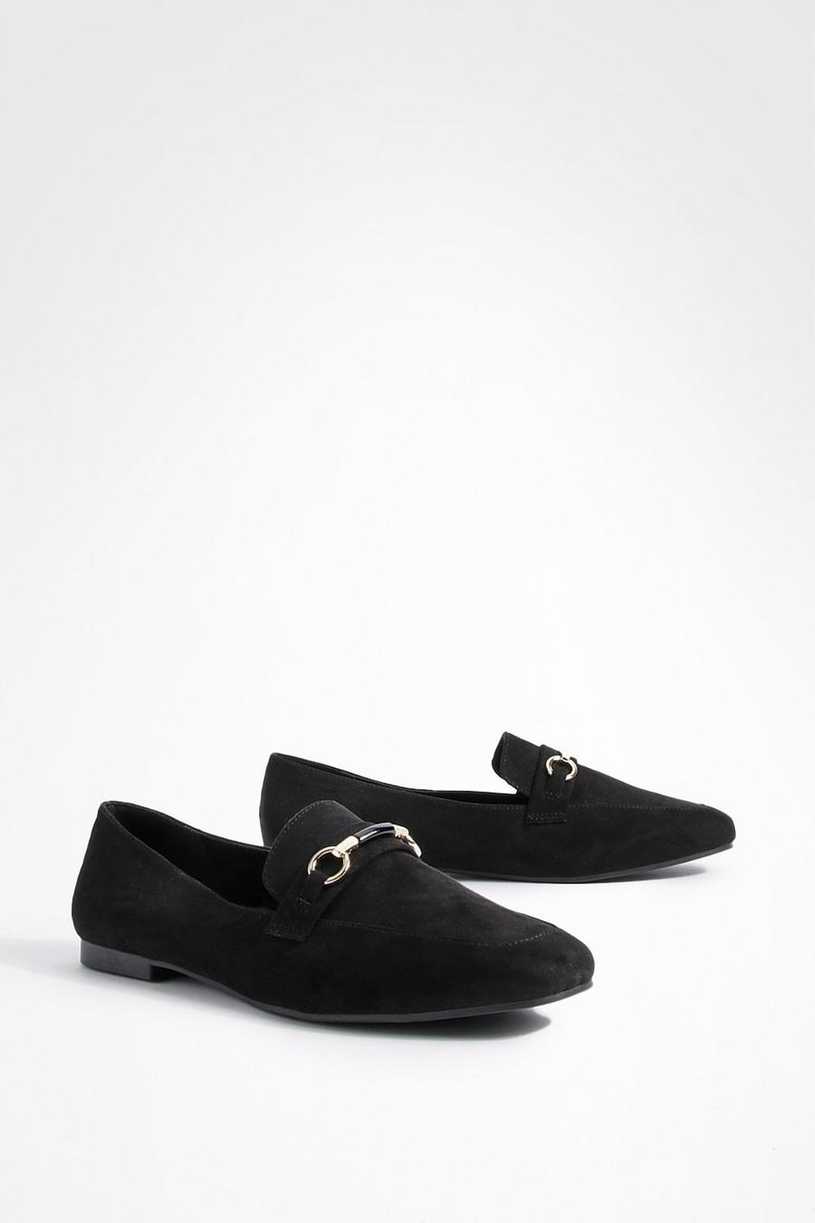 Black Wide Fit Round Toe Single Bar Trim Loafers