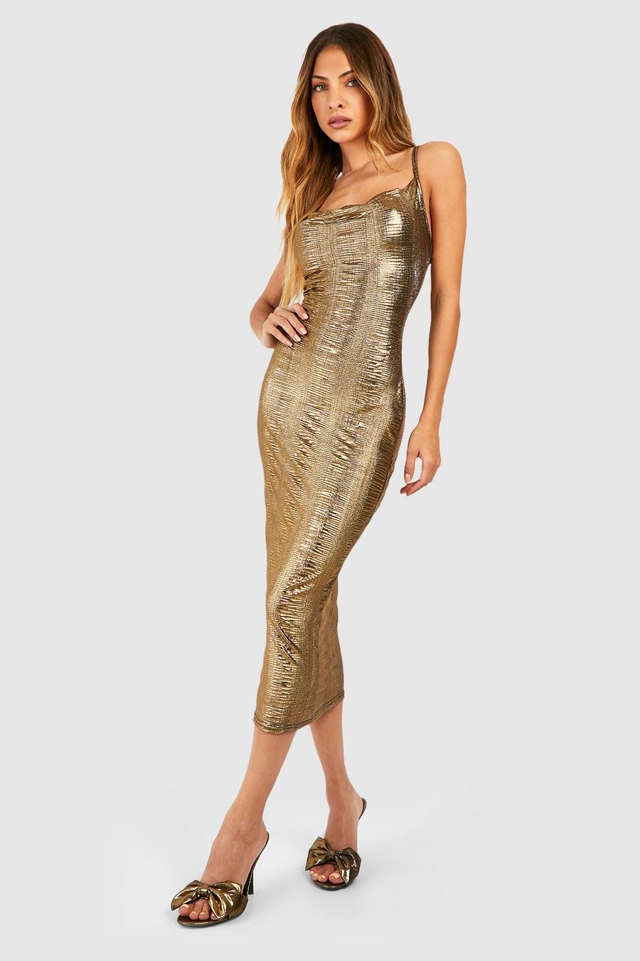 Vestido midaxi metálico con escote plisado, Gold