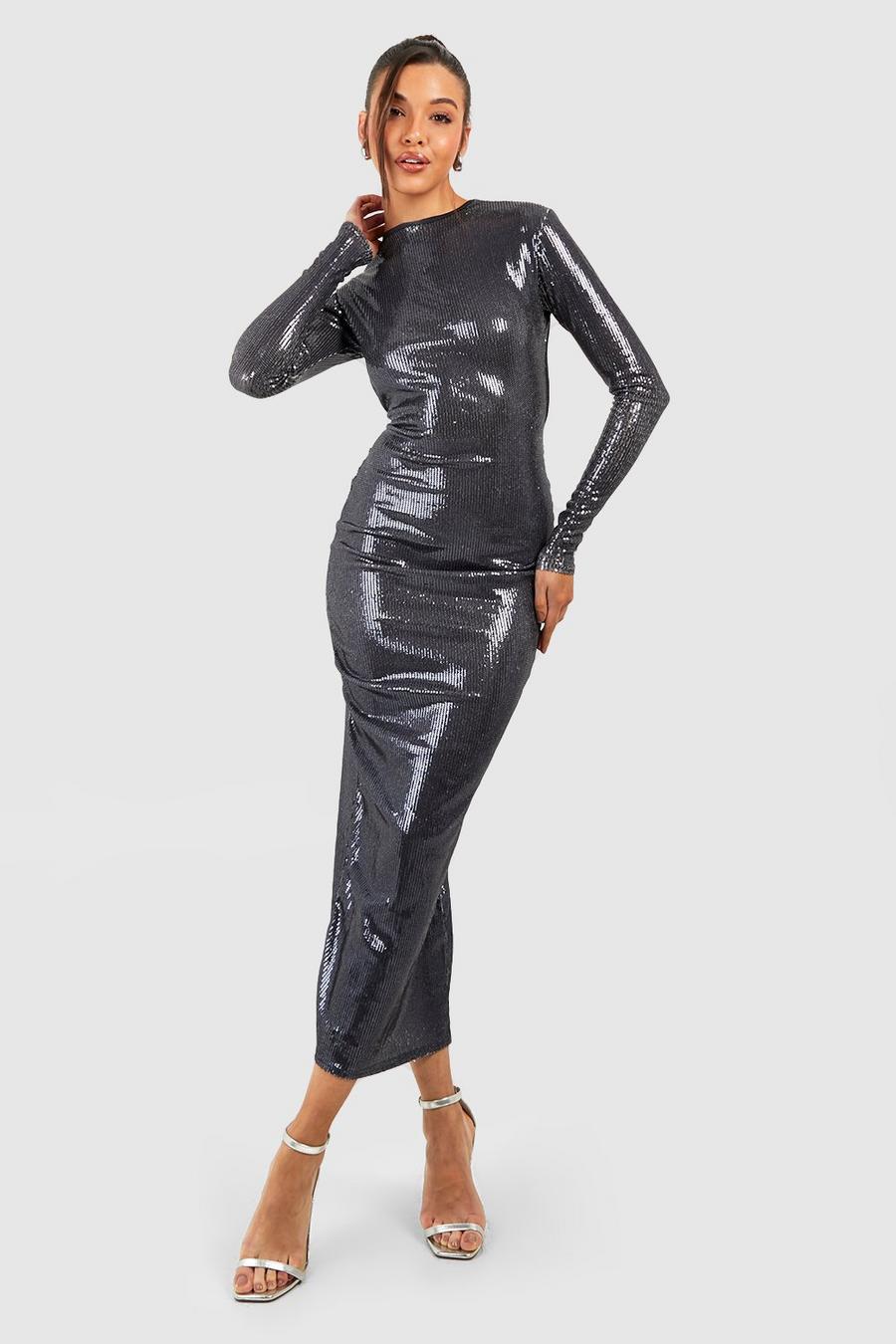 Black Sequin High Neck Midi Dress