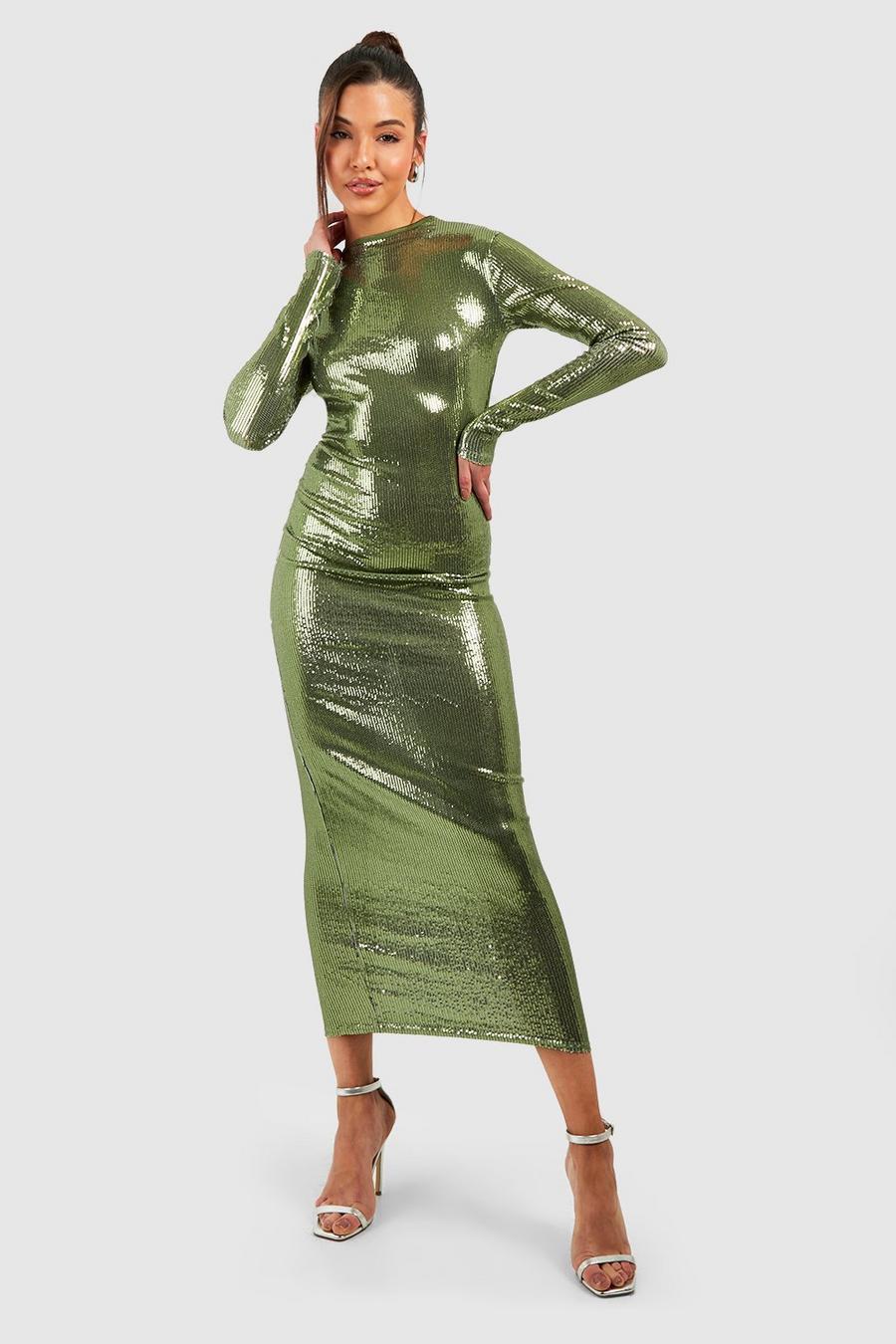 Olive Sequin High Neck Midi Dress