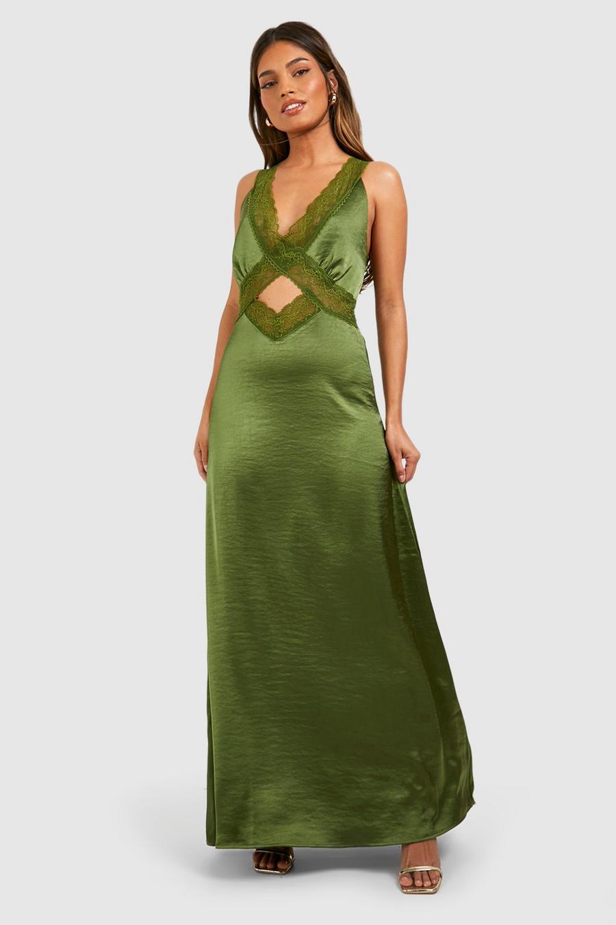 Olive Satin Lace Trim Maxi Slip Dress