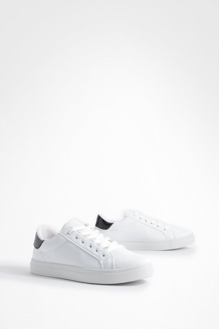 Flache Basic-Sneaker mit Kroko-Einsatz, White