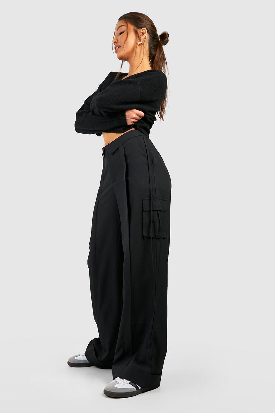 Black Folded Waistband Relaxed Fit Cargo Trousers