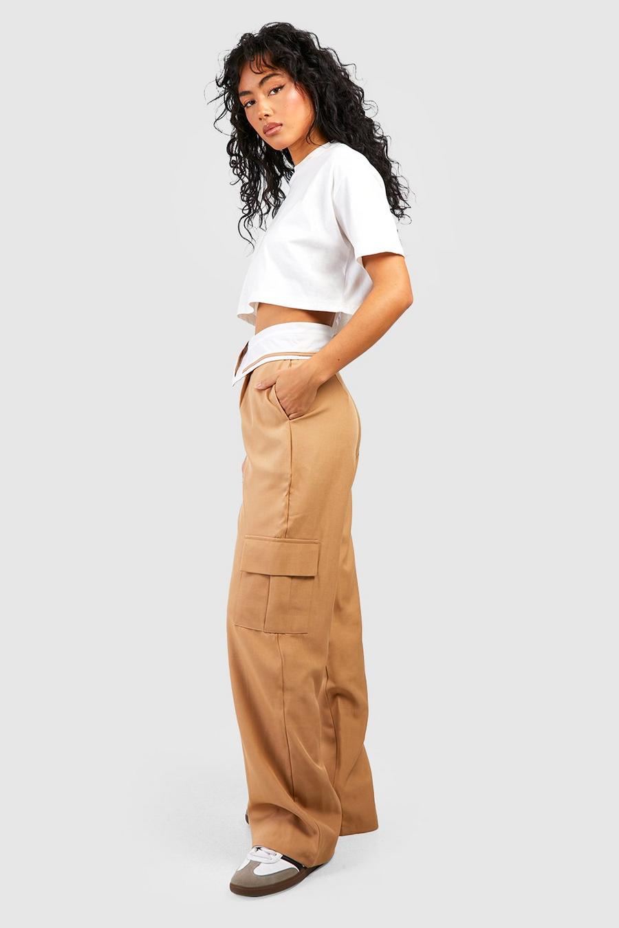 Camel Foldover Waistband Tailored Trousers