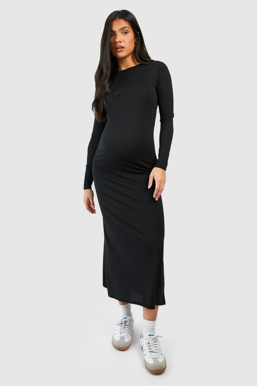 Black Maternity Soft Rib Loose Fit Midi Dress