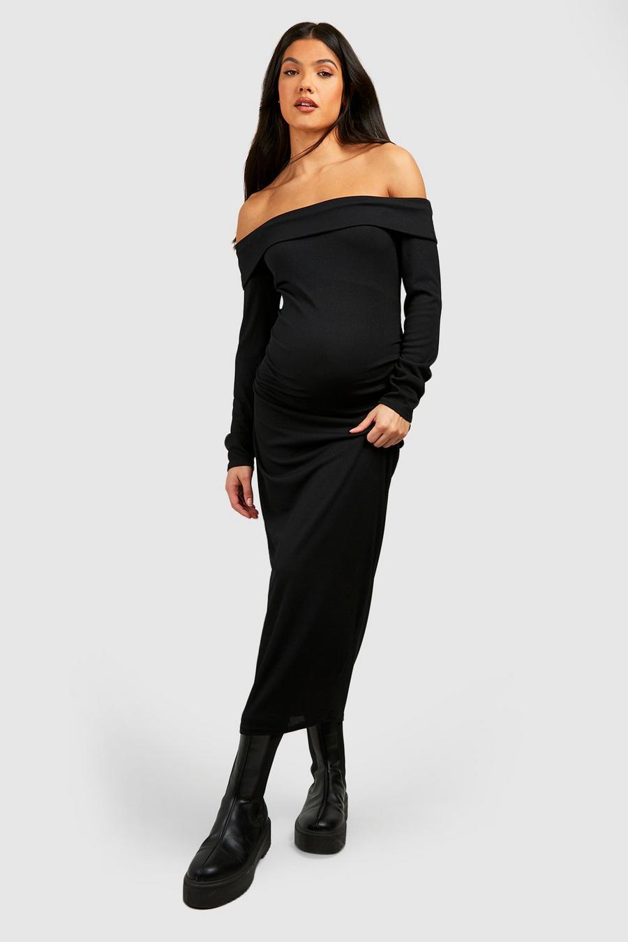 Black Maternity Soft Rib Bardot Midaxi Dress image number 1