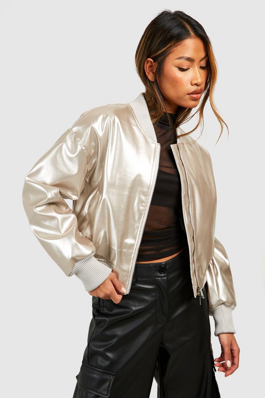 Silver Metallic Vinyl Crop Faux Leather Bomber Jacket  