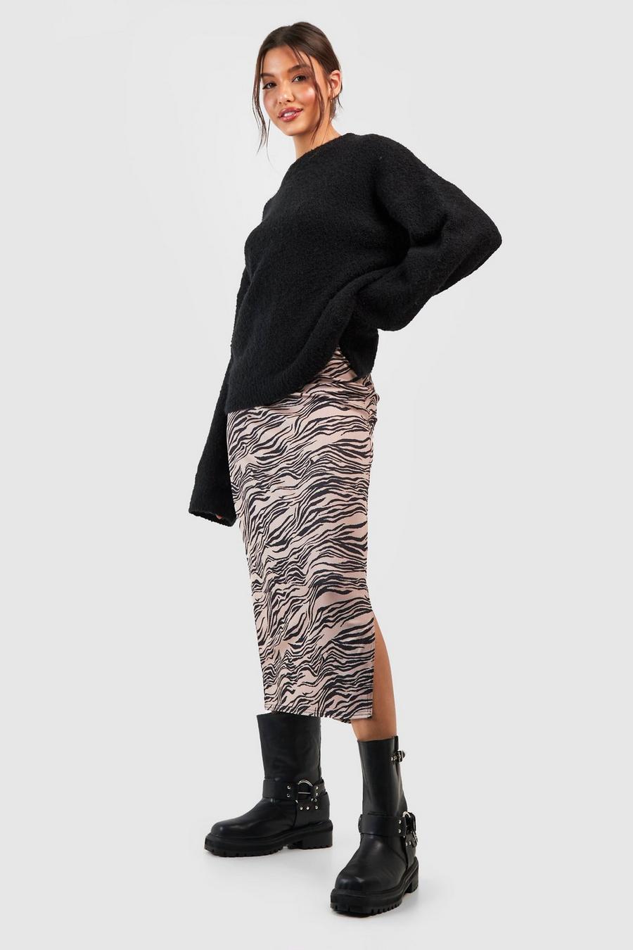 Stone Zebra Print Rib Side Split Midaxi Skirt