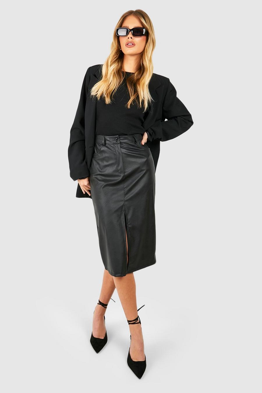 Black Split Front Faux Leather Midi Skirt image number 1
