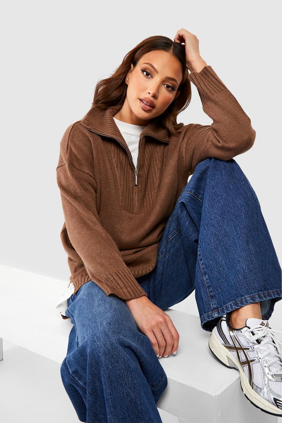 Brown Tall Ladies Drop Shoulder Zip Collar Sweater