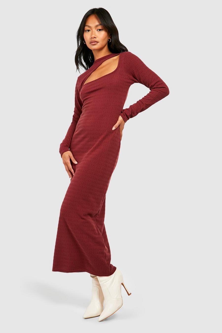 Burgundy Soft Crinkle Texture Cut Out Midi Dress image number 1