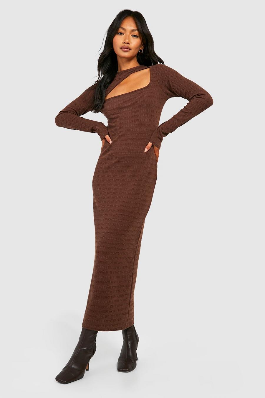 Chocolate Soft Crinkle Texture Cut Out Midaxi Dress