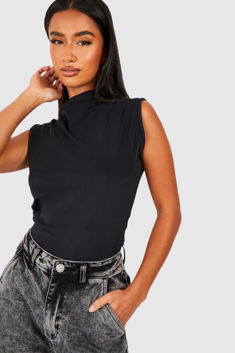 Black Petite Premium Matte Slinky Draped Top