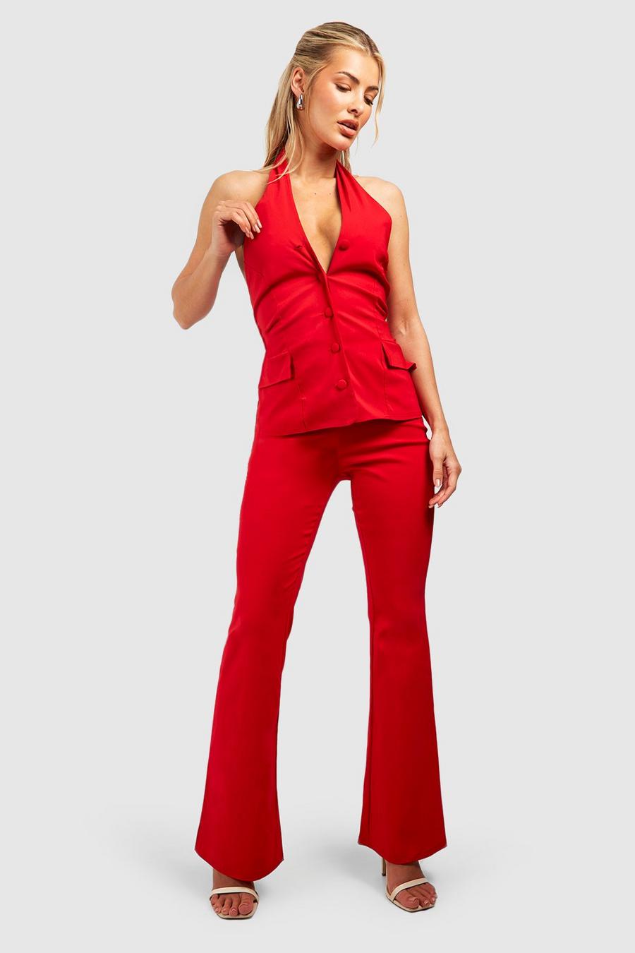 Red Halterneck Button Front Waistcoat & Flared Pants
