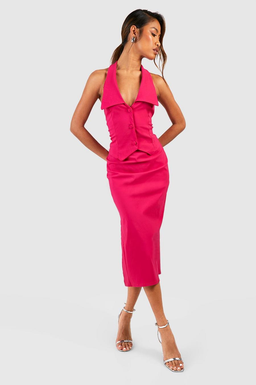 Hot pink Oversized Lapel Vest & Thigh Split Midi Skirt