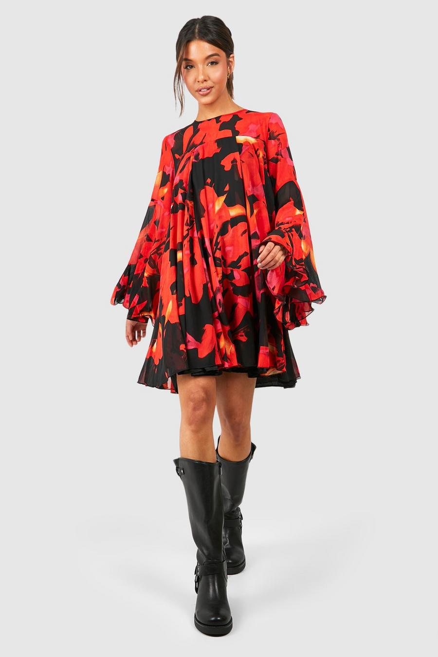 Red Floral Flare Sleeve Chiffon Smock Dress